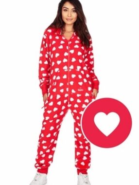 Tipsy Elves Hooded Beating Hearts Print Jumpsuit New